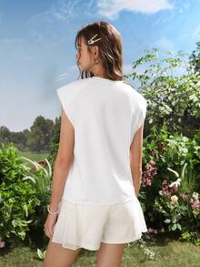 Floral & Letter Graphic Shoulder Pad Tank Top - White - View 2