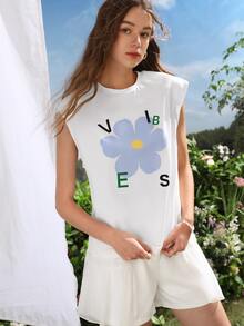 Floral & Letter Graphic Shoulder Pad Tank Top - White - View 3