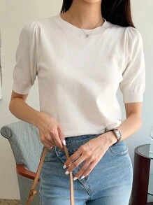 DAZY Top Tejido De Manga Farol Unicolor - Blanco - Ver 1