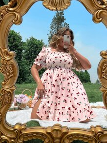 SHEIN Holidaya Vestido con cereza fruncido con fruncido bajo con fruncido - Rosa Pálido - Ver 1