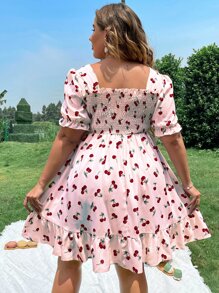 SHEIN Holidaya Vestido con cereza fruncido con fruncido bajo con fruncido - Rosa Pálido - Ver 2