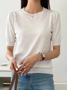 DAZY Top Tejido De Manga Farol Unicolor - Blanco - Ver 5