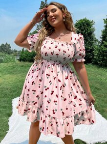 SHEIN Holidaya Vestido con cereza fruncido con fruncido bajo con fruncido - Rosa Pálido - Ver 3