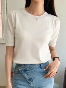 DAZY Top Tejido De Manga Farol Unicolor - Blanco - Ver 6