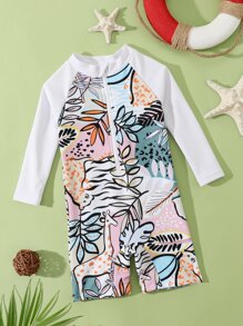 Baby Boy Tropical And Animals Print Zipper Front One Piece Swimsuit - Multicolor - View 1