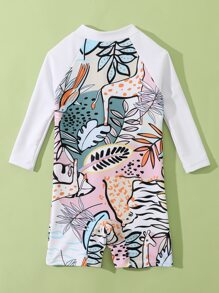 Baby Boy Tropical And Animals Print Zipper Front One Piece Swimsuit - Multicolor - View 2