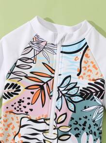 Baby Boy Tropical And Animals Print Zipper Front One Piece Swimsuit - Multicolor - View 3