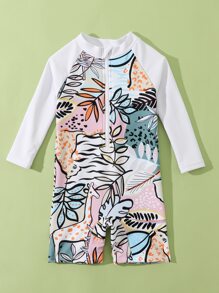 Baby Boy Tropical And Animals Print Zipper Front One Piece Swimsuit - Multicolor - View 4
