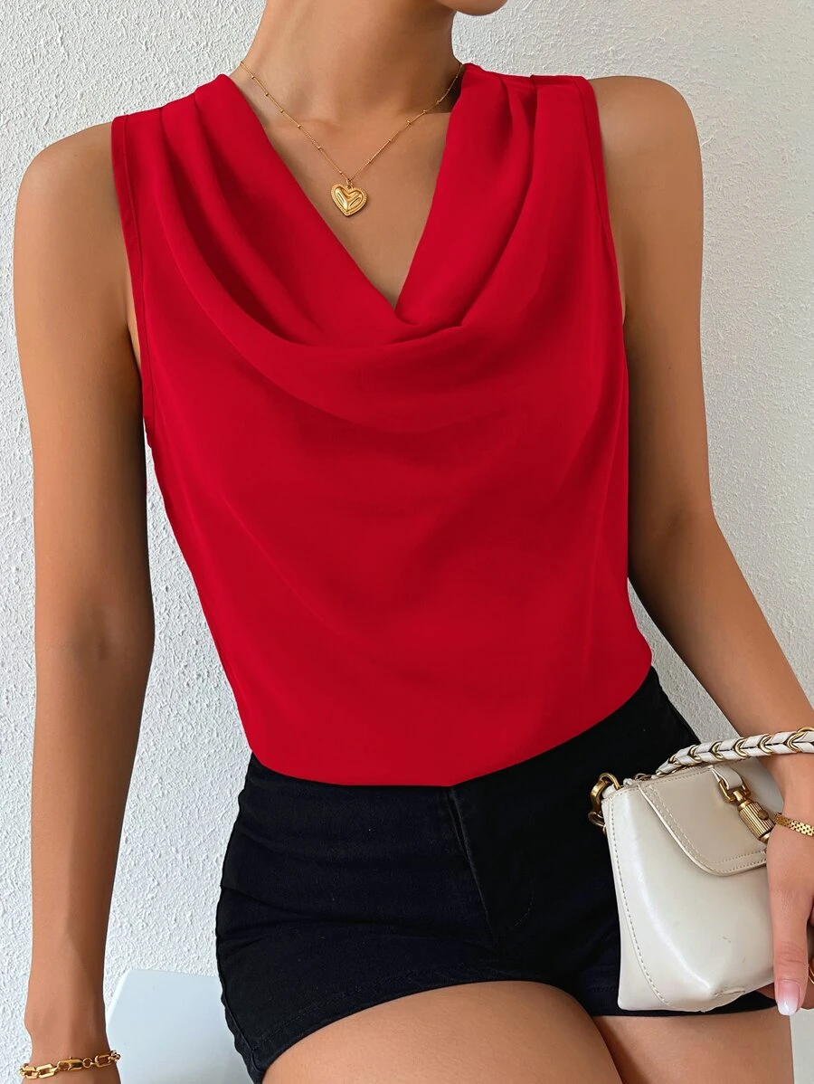Chiquease Solid Draped Collar Sleeveless Blouse - Red - View 1