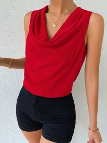 Chiquease Solid Draped Collar Sleeveless Blouse - Red - View 4