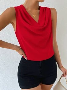 Chiquease Solid Draped Collar Sleeveless Blouse - Red - View 5