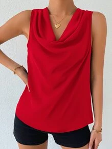 Chiquease Solid Draped Collar Sleeveless Blouse - Red - View 6