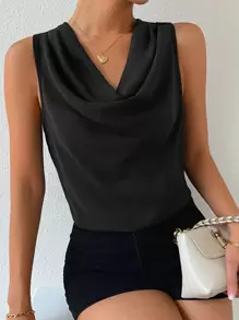 SHEIN Privé Solid Draped Collar Sleeveless Blouse - Black - View 1