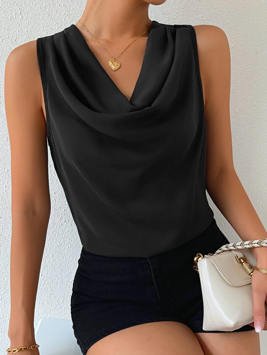 SHEIN Privé Solid Draped Collar Sleeveless Blouse - Black - View 1