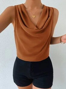 SHEIN Privé Áo sơ mi nữ Vắt màu trơn Giải trí - màu nâu - Xem 3