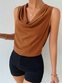 SHEIN Privé Áo sơ mi nữ Vắt màu trơn Giải trí - màu nâu - Xem 4