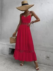 SHEIN VCAY Contrast Guipure Lace Ruffle Hem Cami Dress - Red - View 1