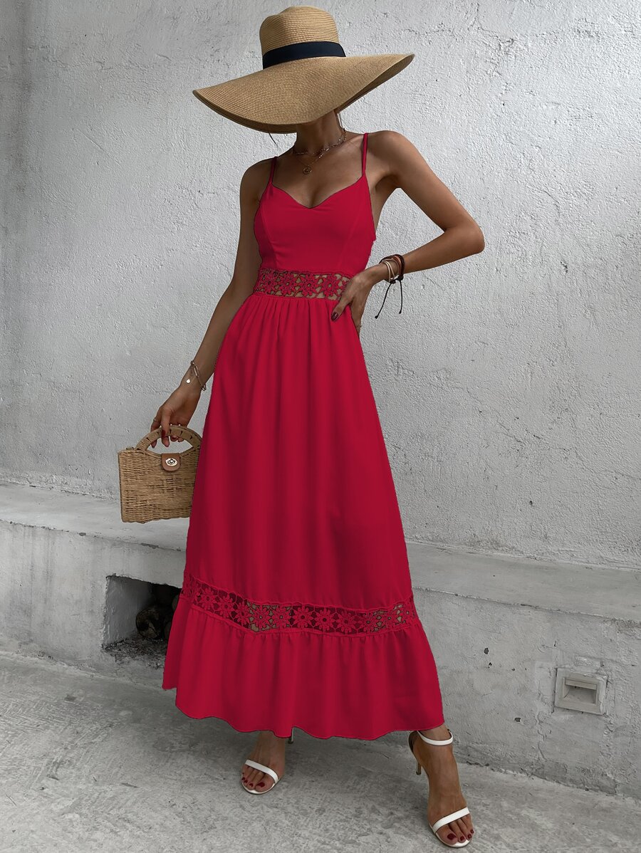 SHEIN VCAY Contrast Guipure Lace Ruffle Hem Cami Dress - Red - View 1