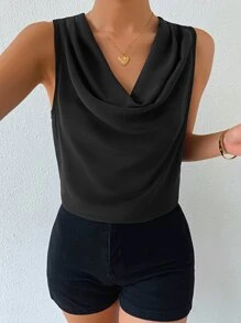 SHEIN Privé Solid Draped Collar Sleeveless Blouse - Black - View 3