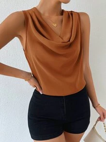 SHEIN Privé Áo sơ mi nữ Vắt màu trơn Giải trí - màu nâu - Xem 5