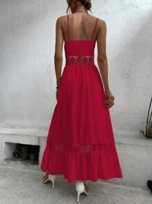 SHEIN VCAY Contrast Guipure Lace Ruffle Hem Cami Dress - Red - View 2