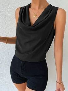 SHEIN Privé Solid Draped Collar Sleeveless Blouse - Black - View 4