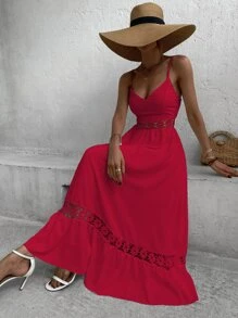 SHEIN VCAY Contrast Guipure Lace Ruffle Hem Cami Dress - Red - View 3