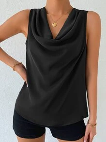 SHEIN Privé Solid Draped Collar Sleeveless Blouse - Black - View 6