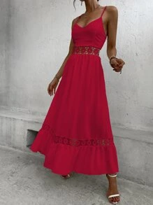 SHEIN VCAY Contrast Guipure Lace Ruffle Hem Cami Dress - Red - View 4