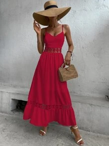 SHEIN VCAY Contrast Guipure Lace Ruffle Hem Cami Dress - Red - View 6