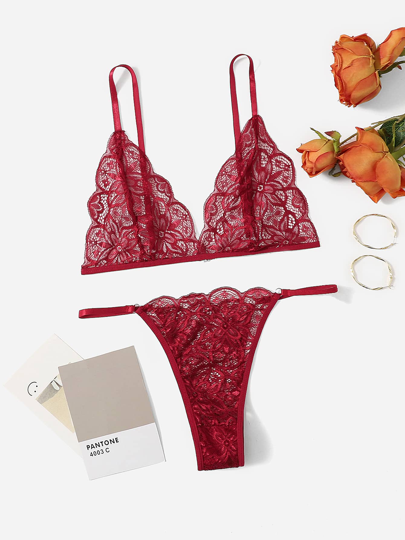 花卉蕾絲內衣套裝 - 酒紅色 - 查看 1
