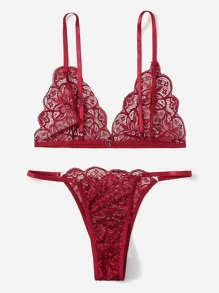 花卉蕾絲內衣套裝 - 酒紅色 - 查看 2