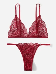 花卉蕾絲內衣套裝 - 酒紅色 - 查看 3