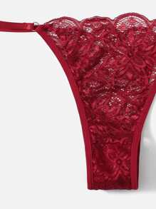 花卉蕾絲內衣套裝 - 酒紅色 - 查看 4