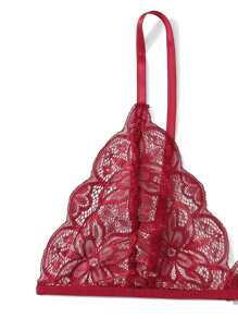 花卉蕾絲內衣套裝 - 酒紅色 - 查看 5