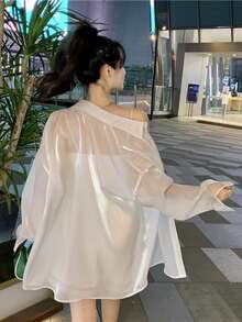 素色落肩袖超大襯衫 - 白色 - 查看 2