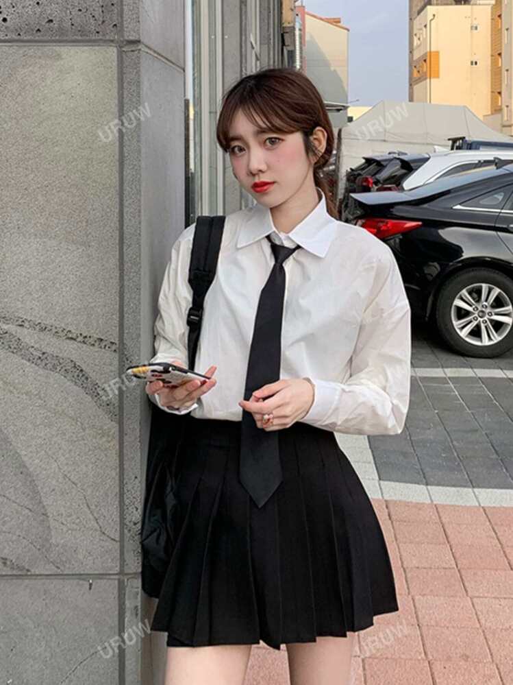 無地柄 ドロップショルダー ロング ネクタイ付き シャツ | SHEIN