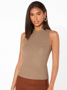 SHEIN LUNE Áo hai dây Gân đan màu trơn Cơ bản - Lạc đà - Xem 2