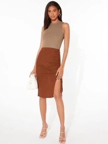 SHEIN LUNE Áo hai dây Gân đan màu trơn Cơ bản - Lạc đà - Xem 6