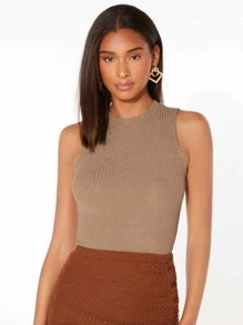 SHEIN LUNE Áo hai dây Gân đan màu trơn Cơ bản - Lạc đà - Xem 7