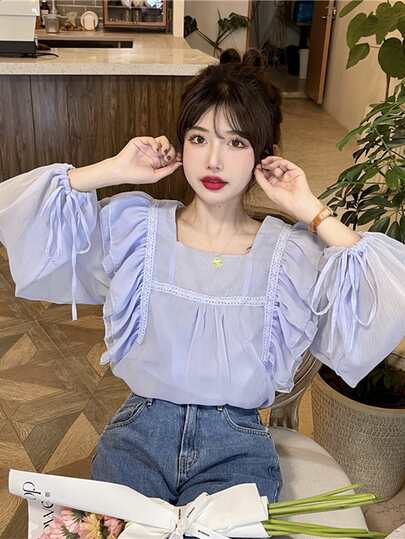 Honeyspot コントラストレース フリルトリム ビショップスリーブ ブラウス