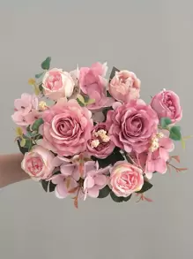 1/3 件人造花，6 头绣球花、芙蓉玫瑰花束，家居、卧室、花瓶装饰、餐厅和客厅装饰、婚礼装饰、新娘捧花、情人节、新年装饰、DIY 生日派对装饰、返校校园装饰、情人节礼物 - 彩色 - 查看 3