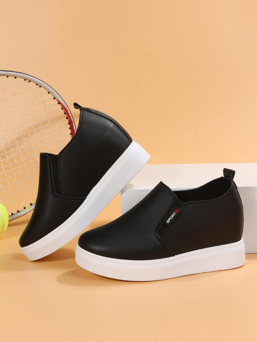 Patch Detail Slip On Wedge Sneakers - Black - View 1