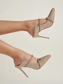 Glitter Point Toe Stiletto Heeled Mule Pumps - Gold - View 1