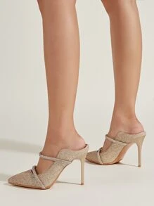 Glitter Point Toe Stiletto Heeled Mule Pumps - Gold - View 3