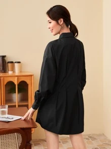 SHEIN EZwear Đầm Nút màu trơn Thanh lịch - màu đen - Xem 2