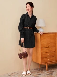 SHEIN EZwear Đầm Nút màu trơn Thanh lịch - màu đen - Xem 3