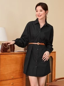 SHEIN EZwear Đầm Nút màu trơn Thanh lịch - màu đen - Xem 5