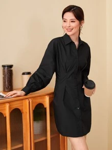 SHEIN EZwear Đầm Nút màu trơn Thanh lịch - màu đen - Xem 6