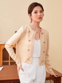 SHEIN Privé Double Breasted Crop Jacket - Khaki - View 1